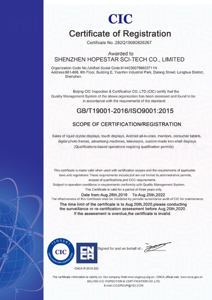 Chine Shenzhen Hopestar SCI-TECH Co., Ltd. certifications