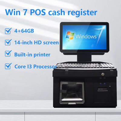 Caisse enregistreuse POS Win 7 à double écran tactile 14 pouces, processeur i3, 4+64 Go, terminal POS de bureau avec imprimante, clavier, scanner
