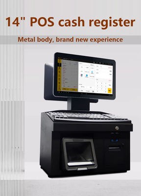 Caisse enregistreuse POS Windows 7 à double écran tactile 14 pouces, processeur i3, 4+64 Go, terminal POS de bureau avec imprimante, clavier, scanner