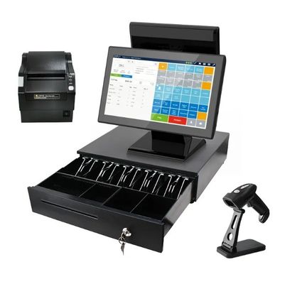Imprimante de code à barres de type 15.6 pouces Win tout en un écran tactile POS machine de vente au détail caisse 4 64G