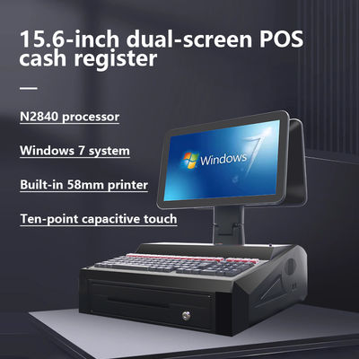 Caisse enregistreuse POS Win 7 à double écran 15,6 pouces OEM ODM avec processeur N2840, 2+32 Go, terminal POS de bureau avec imprimante 58 mm, clavier