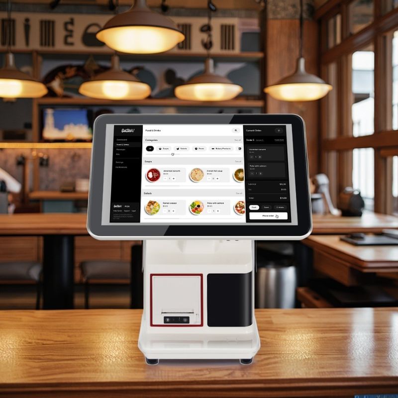 Système de point de vente de restauration rapide 15.6 " Tout en un écran tactile Caisse d'épargne Système d'affichage de la cuisine Imprimante de commande NFC Terminal de paiement QR
